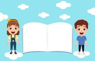 Happy cute kid boy and girl character standing on clouds with blank white book in sky vector