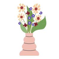 Gorgeous bouquet of flowers with decorative branches in vase flat vector illustration