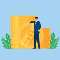 Businessman lean on coins vector