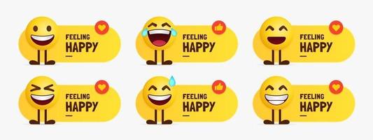 Conjunto de personajes emoji felices de pie con etiqueta de texto vector