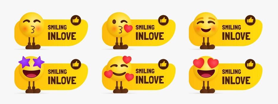 Set of inlove emoji characters standing with text label vector