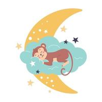 lindo mono duerme en una nube junto a la luna y las estrellas ilustración vectorial en una decoración de estilo plano para niños, carteles, postales, ropa e interior vector