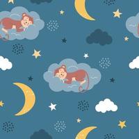 A cute monkey sleeps on a cloud next to the moon and stars Vector seamless pattern in a flat style on a blue background Decor for childrens posters postcards clothing and interior decoration