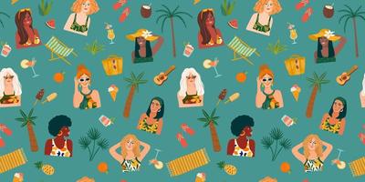 Vector seamless pattern with women in swimsuit on tropical beach