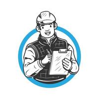 Vector illustration of smiling engineer with helmet A man holds a tablet with notes and learns or writes down the calculations of the project or work