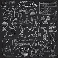 Conjunto de iconos de garabatos de elementos de química y ciencia boceto dibujado a mano con fórmulas de microscopio experimentos equipos herramientas de análisis ilustración vectorial vector