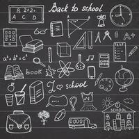 Back to School Supplies Sketchy Notebook Doodles set with Lettering Hand Drawn Vector Illustration Design Elements on Lined Sketchbook on chalkboard background