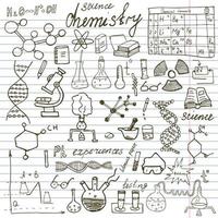 Conjunto de iconos de garabatos de elementos de química y ciencia boceto dibujado a mano con fórmulas de microscopio experimentos equipo herramientas de análisis ilustración vectorial vector