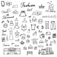 Fashion collection Sketchy Doodles set with Lettering Hand Drawn Vector Illustration Design Elements on Lined Sketchbook Paper Background