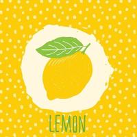 Lemon hand drawn sketched fruit with leaf on yellow background with dots pattern Doodle vector lemon for logo label brand identity