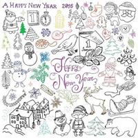 diseño de boceto dibujado a mano de feliz año nuevo garabatos con letras con árboles de navidad copos de nieve muñeco de nieve elfo ciervo santa claus y elementos festivos ilustración vectorial en pizarra vector