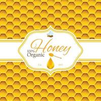 Honey label template for honey logo products with bee and drop of honey on Honeycomb colorfull pattern background vector