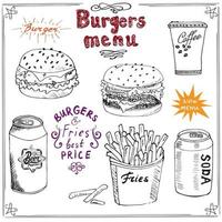 Menú de hamburguesas boceto dibujado a mano cartel de comida rápida con hamburguesa hamburguesa con queso palos de papa lata de refresco taza de café y lata de cerveza ilustración vectorial con letras vector