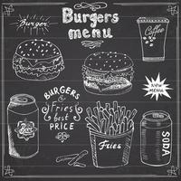 Burger Menu hand drawn sketch Fast food Poster with hamburger cheeseburger potato sticks soda can coffee mug and beer can Vector illustration with lettering on Chalkboard