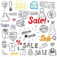 Sale signs and price discount tags shopping associated symbols Hand Drawn set of design elements with hand written Lettering Vector Illustration Sketchy Doodles isolated on white background