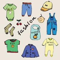 Clothes for baby boy set hand drawn sketch colored and outlined vector