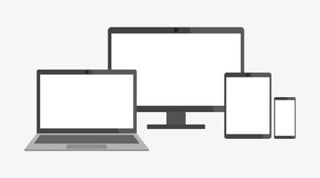 Conjunto de dispositivos electrónicos, computadora de escritorio portátil, tableta y teléfono inteligente. vector