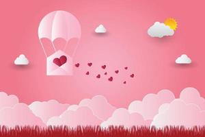 Globos del día de San Valentín en forma de corazón volando sobre la hierba Ver estilo de arte de papel de fondo vector