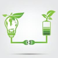 El concepto de ecología familiar en el mundo está en la bombilla de ahorro de energía, el enchufe verde deja la batería ecológica verde vector