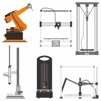 Conjunto de iconos planos modernos de impresora 3d con diferentes tipos, como impresora 3d cartesiana vector