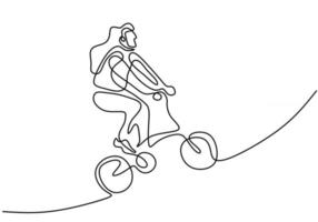 Continuous line drawing of happy woman cycling ride folded bicycle vector