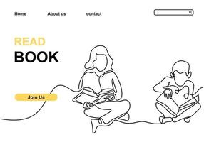 Continuous line drawing of two kids read book minimalist design vector