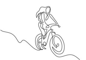 Un dibujo de línea continua de joven deportista montando bicicleta y realiza un truco en bicicleta vector