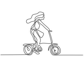 Continuous line drawing of happy woman cycling ride folded bicycle vector