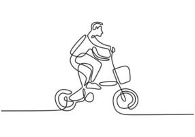 One continuous line drawing of young energetic man cycling ride folding bicycle vector