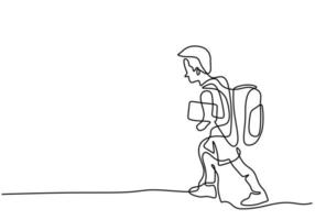 Continuous one line drawing happy little boy walking on street with backpack vector