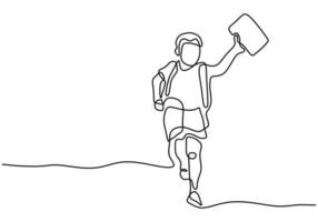 Continuous one line drawing happy little boy walking on street with backpack to go to school vector