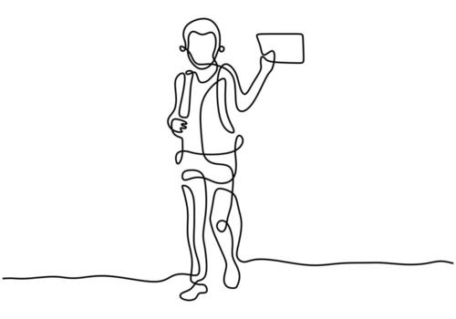 Continuous one line drawing happy little boy walking on street with backpack to go to school while holding a book isolated on white background vector