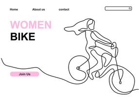One single line drawing young happy  woman ride bicycle vector