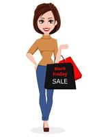 Pretty woman with shopping bags while black Friday vector