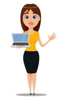 personaje de dibujos animados de mujer de negocios de pie con laptop