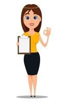 Young attractive businesswoman in smart casual clothes standing with clipboard and showing OK gesture vector