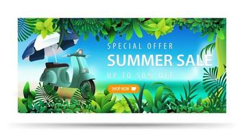 Special offer summer sale up to 50 off horizontal discount banner with blue vintage scooter sea blurred landscape on background tropical frame and offer with button vector