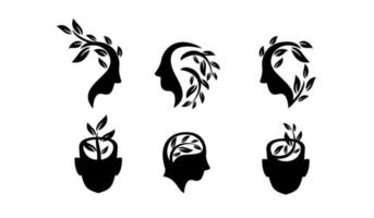 set collection simple abstract head face with leaf black vector logo icon design illustration isolated background