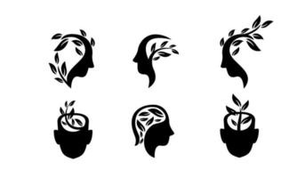 set collection simple abstract head face with leaf black vector logo icon design illustration isolated background