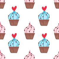 Seamless pattern with cakes and hearts  Vector background with muffins on a white background