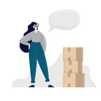 Girl with a cloud of thought stands near the boxes vector