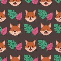 Seamless pattern with cute fox face and leaves vector