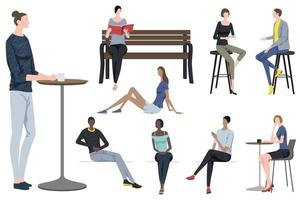 Set Of Fashionable People Taking A Break In Different Poses Isolated On A White Background vector