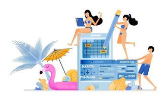 Choose flight ticket return schedule during summer vacation on tropical island Purchase tickets with mobile apps Illustration can be used for landing page banner website web poster brochure vector