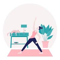 mujer joven haciendo ejercicio en su casa ilustración plana vector