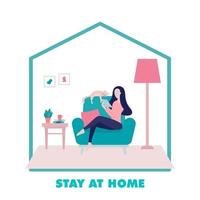 Young Woman Sitting and Using her Device to Connect to the Internet at Home vector