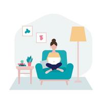 Young Woman Sitting and Working at her Cozy Home Flat Illustration vector
