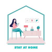 Young Woman Sitting and Using her Device to Connect to the Internet at Home vector