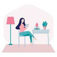 Mujer joven sentada y usando su dispositivo para conectarse a Internet en casa vector
