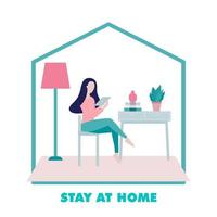 Young Woman Sitting and Using her Device to Connect to the Internet at Home vector